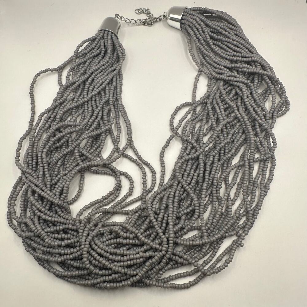 Purple grey chunky beaded necklace Multi strand Beads Statement Silver tone